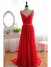 Red Chiffon Deep V Back Sexy Long Prom Dress